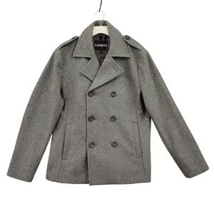 Express Mens Classic Dark Academia Wool Peacoat M Gray Double Breasted Jacket